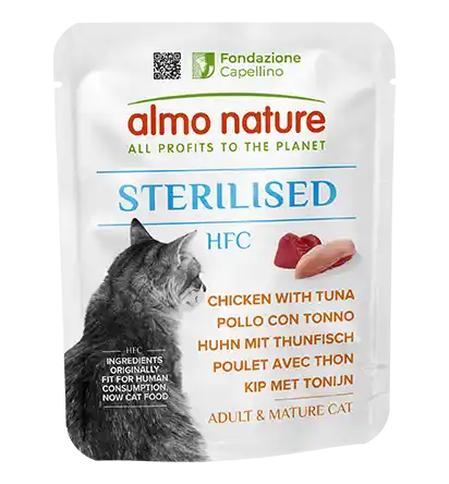 ALMO NATURE Hrană pentru pisici HFC, pliculeț sterilizat cu pui și ton, 50 g
