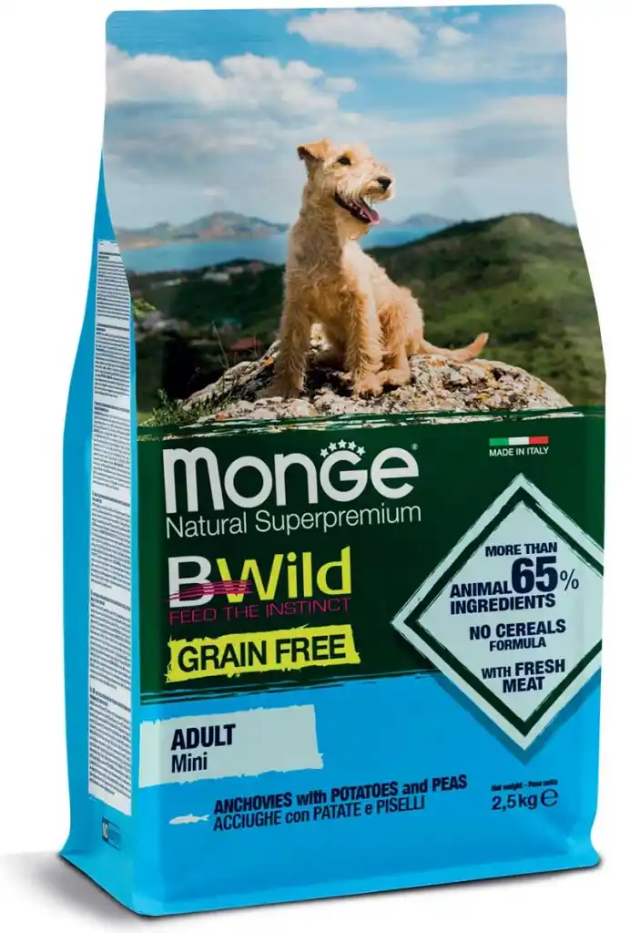 MONGE DRY DOG BWILD GF MINI ADULT Anșoa/Mazăre 2,5 kg