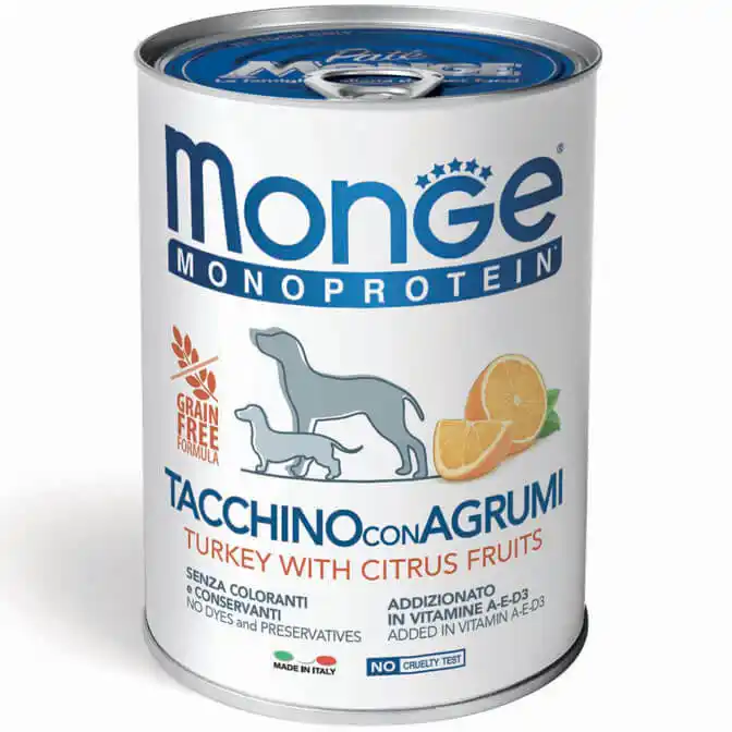 Pateu de fructe pentru câini MONGE DOG cu curcan și citrice 400gr.