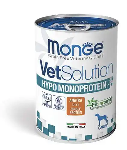 MONGE VETSOLUTION Hrană uscată pentru câini cu rață și hipoproteici 400gr.