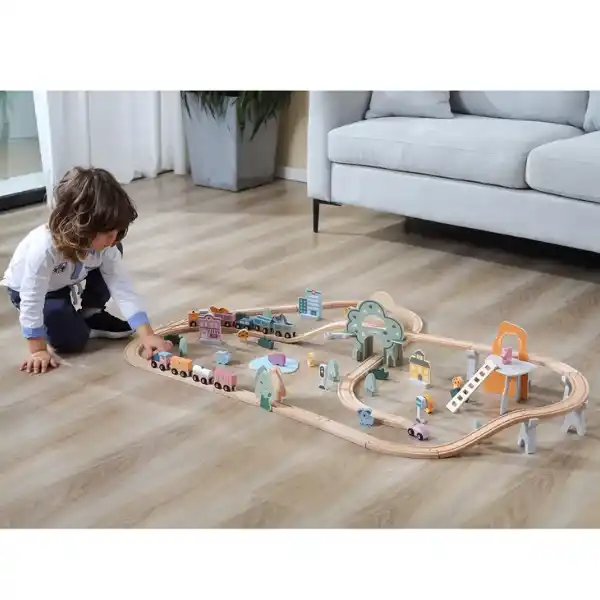 Calea ferata din lemn cu tren si accesorii, 90 elem.