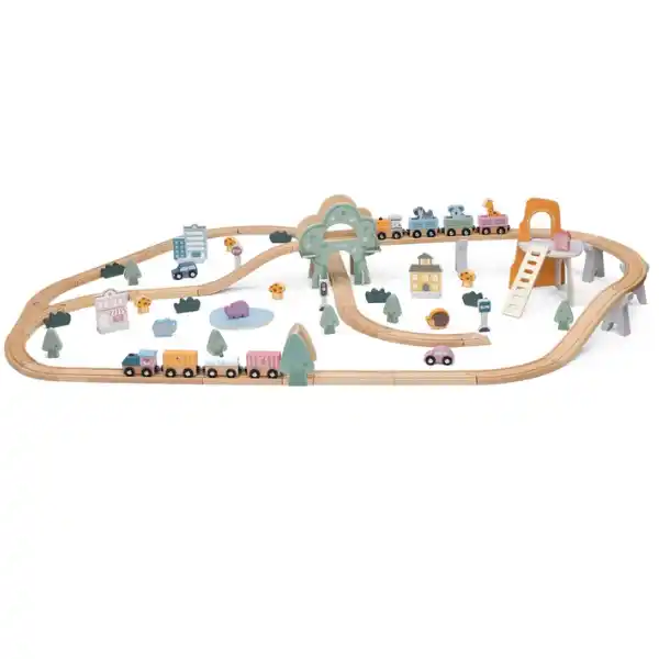 Calea ferata din lemn cu tren si accesorii, 90 elem.