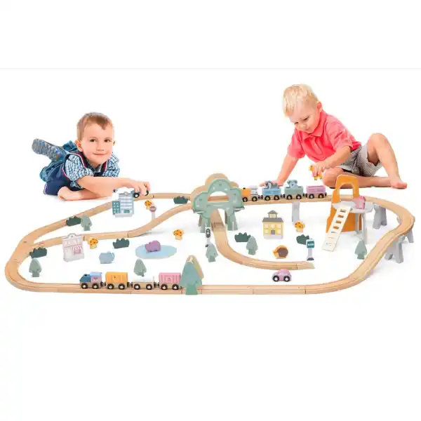 Calea ferata din lemn cu tren si accesorii, 90 elem.