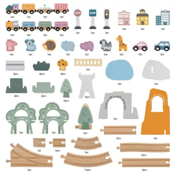 Calea ferata din lemn cu tren si accesorii, 90 elem.