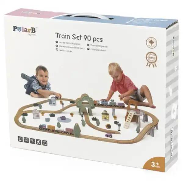 Calea ferata din lemn cu tren si accesorii, 90 elem.