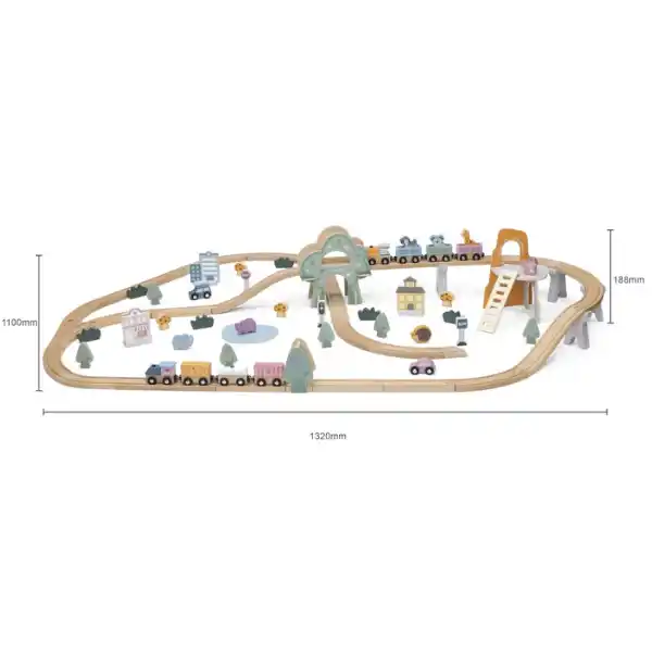 Calea ferata din lemn cu tren si accesorii, 90 elem.