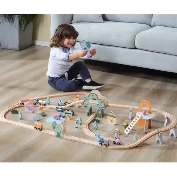 Calea ferata din lemn cu tren si accesorii, 90 elem.