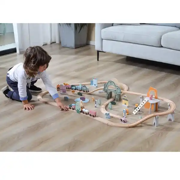 Calea ferata din lemn cu tren si accesorii, 90 elem.