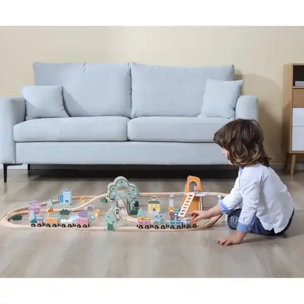 Calea ferata din lemn cu tren si accesorii, 90 elem.