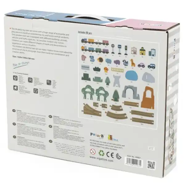 Calea ferata din lemn cu tren si accesorii, 90 elem.