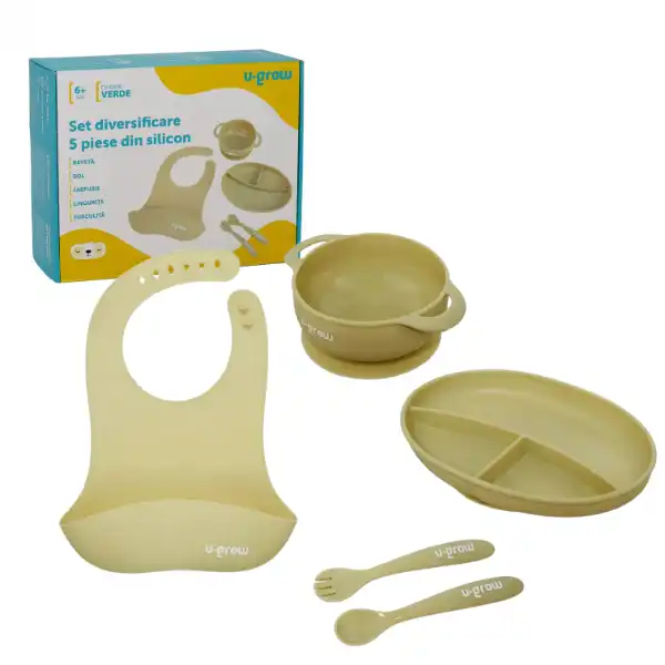 Набор для прикорма из 5 предметов: слюнявчик, миска, тарелка, ложка и вилка, оливковый