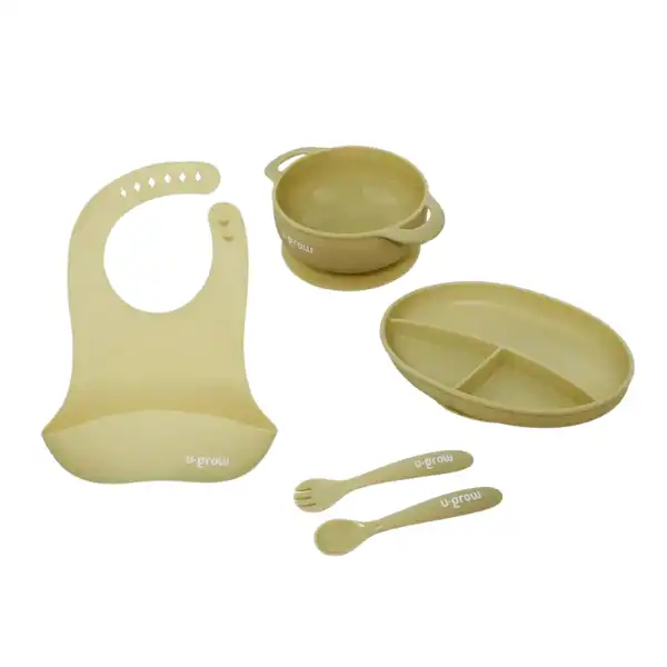 Набор для прикорма из 5 предметов: слюнявчик, миска, тарелка, ложка и вилка, оливковый