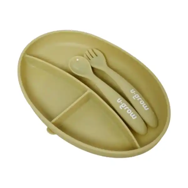 Набор тарелка с ложкой и вилкой из силикона, оливковый