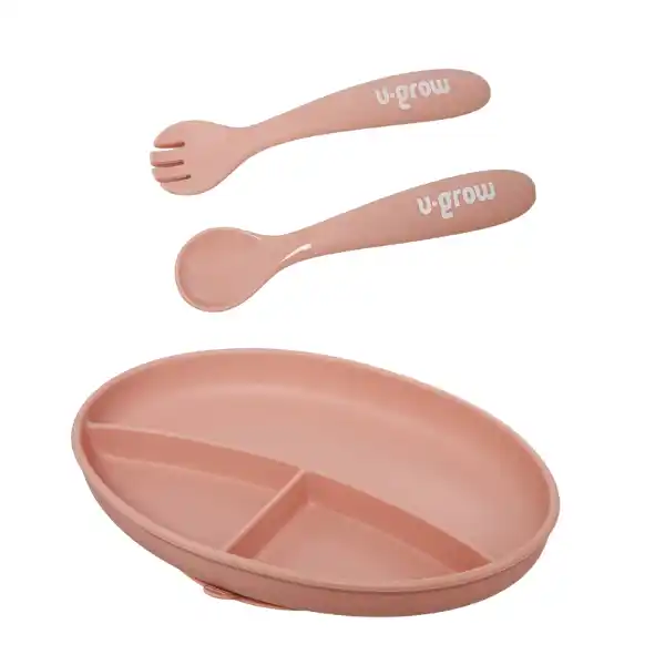 Набор тарелка с ложкой и вилкой из силикона, розовый