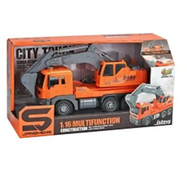 Jucarie Camion Excavator, oranj, cu frictiune, sunete si lumini 1:16
