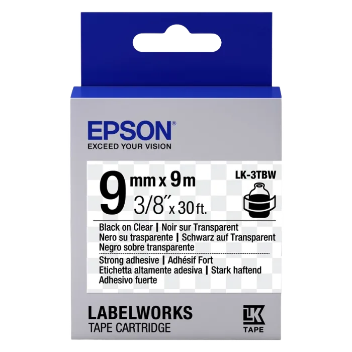 Tape Cartridge EPSON LK3TBW; 9mm/9m Strong Adhesive, Black/Clear, C53S653006