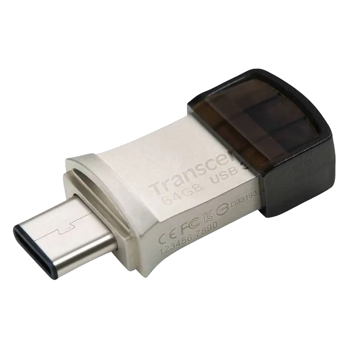 64GB USB3.1/Type-C Flash Drive  Transcend "JetFlash 890", Silver, Metal Case, OTG (R/W:90/30MB/s)