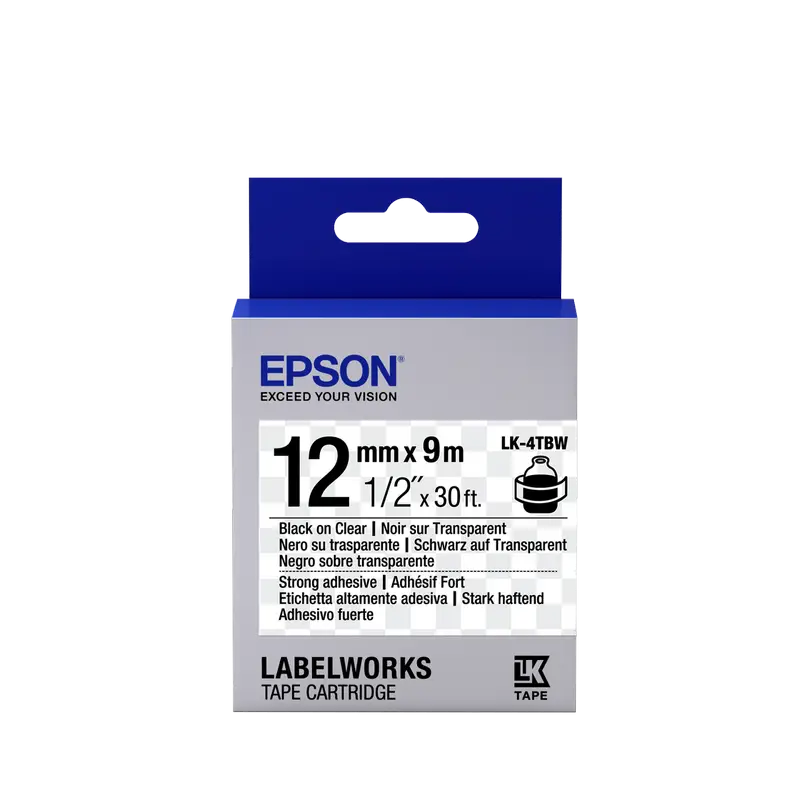 Tape Cartridge EPSON LK4TBW: 12mm/9m, Strong adhesive, Black/Clear, C53S654015