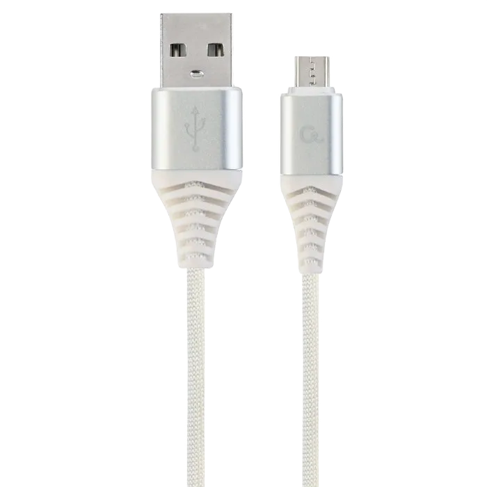 Blister MicroUSB/USB2.0,  1.0 m, Cablexpert Cotton Braided Silver/White, CC-USB2B-AMmBM-1M-BW2