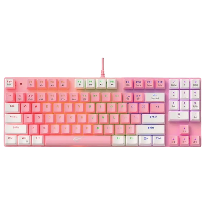 Gaming Keyboard Havit KB512L, Mechanical, Blue SW, RGB, 89 Keys, US Layout,1.5m, USB, Pink+White