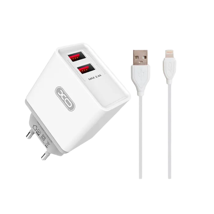 Wall Charger XO + Lightning Cable, 2USB, Q.C3.0 18W, L67, White