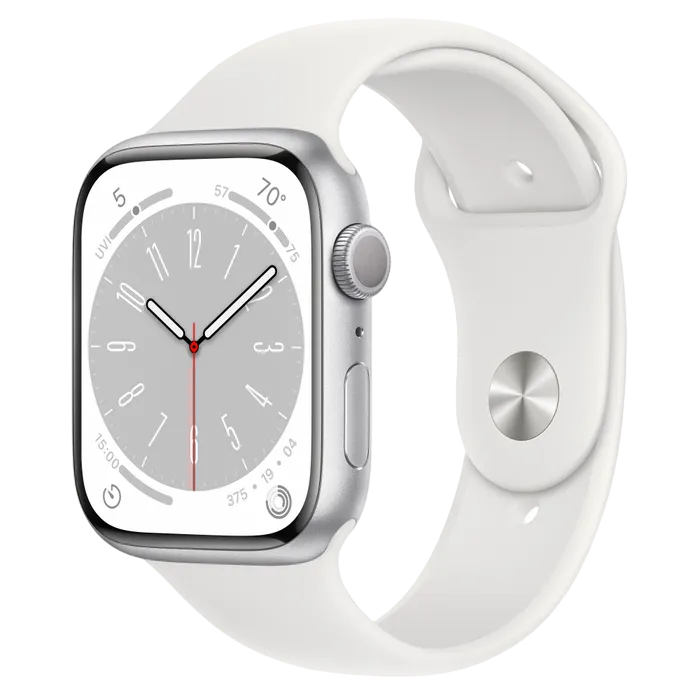 Apple Watch Series 8 GPS, 45mm Silver Aluminium Case with White Sport Band, MP6Q3 (usa)