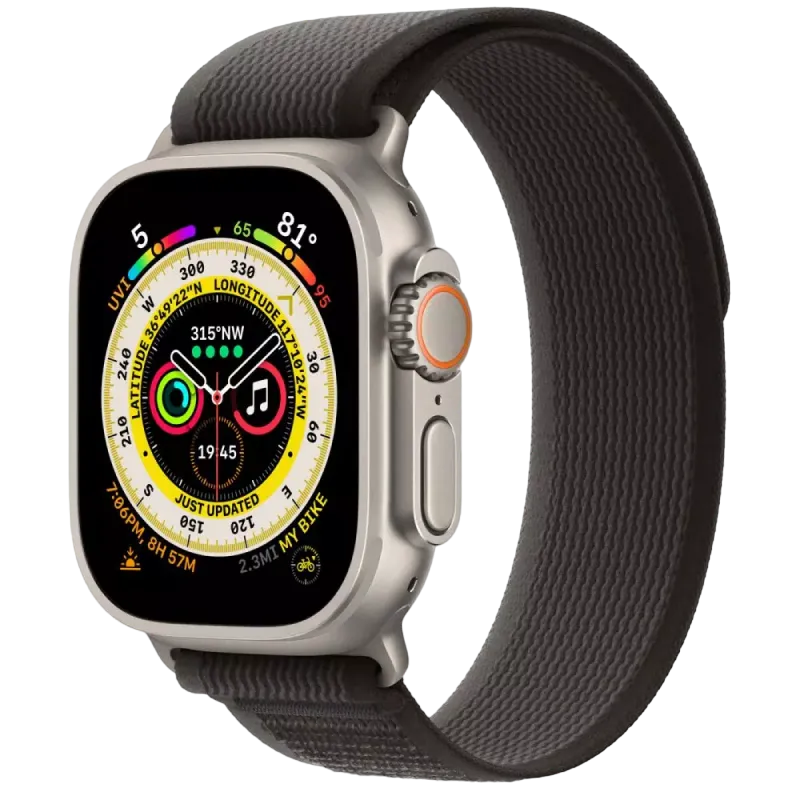 Apple Watch Ultra GPS + Cellular, 49mm Titanium Case with Black/Gray Trail Loop - M/L, MQF53 (usa)