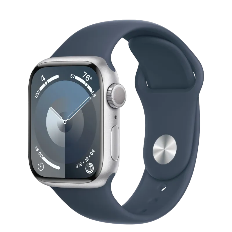 Apple Watch Series 9 GPS, 41mm Silver Aluminium Case with Storm Blue Sport Band - S/M,Model MR903