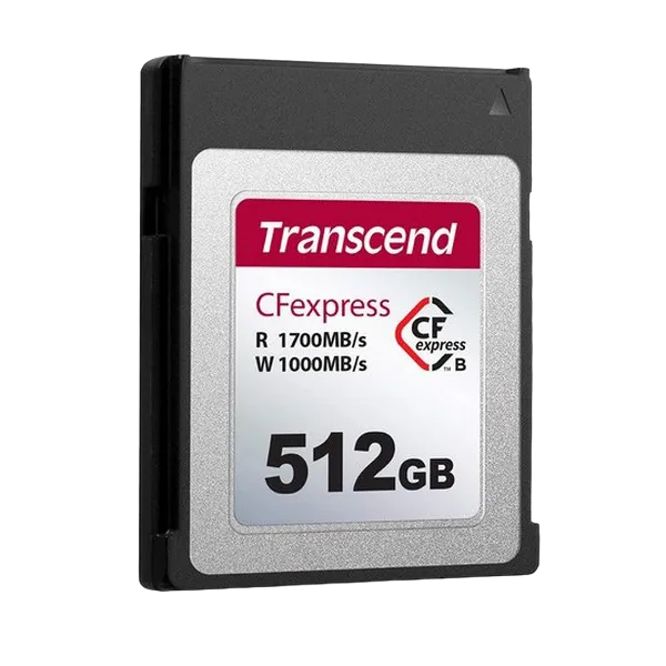 512GB CFexpress 2.0 Type B (PCIe 3.0 x2, NVMe 1.3), Transcend "TS512GCFE820" (R/W: 1700/1000MB/s)