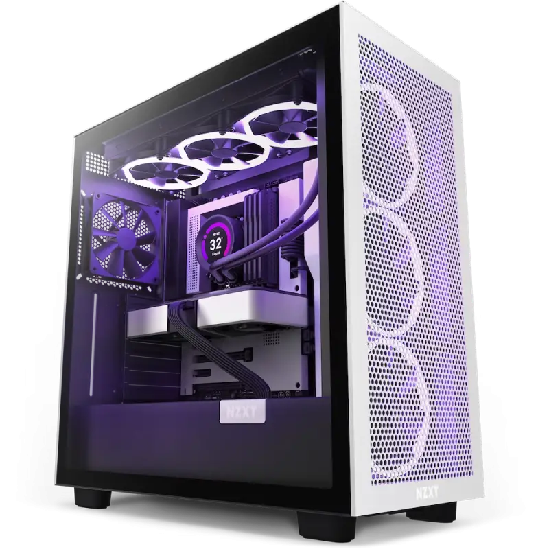 Case ATX NZXT H7 Flow, 2xUSB 3.2, 1xType-C, 2x120mm, Tempered Glass, Mesh Freont, White/Black