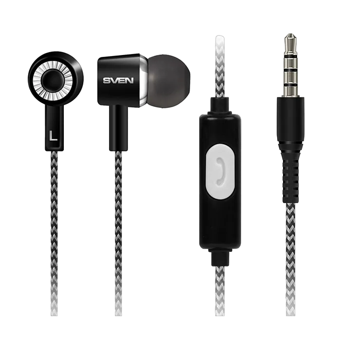Earphones SVEN E-109M, Black, with Microphone, 4pin 3.5mm mini-jack, cable 1.2m