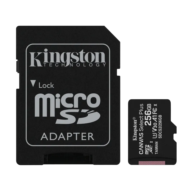 256GB MicroSD (Class 10) UHS-I (U3) +SD adapter, Kingston Canvas Select+ "SDCS2/256GB" (100/85MB/s)