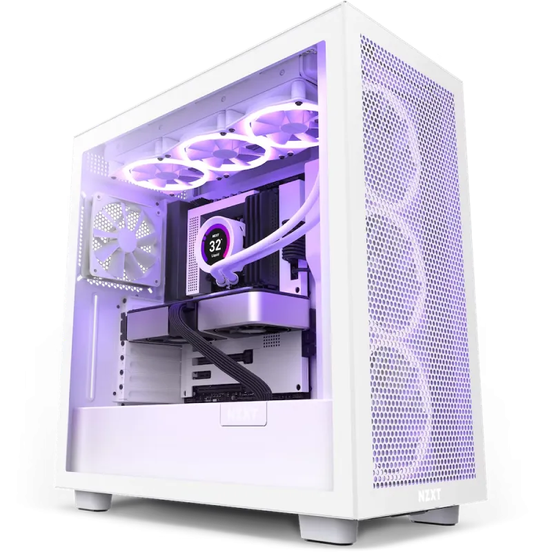 Case ATX NZXT H7 Flow, 2xUSB 3.2, 1xType-C, 2x120mm, Tempered Glass, Mesh Freont, White
