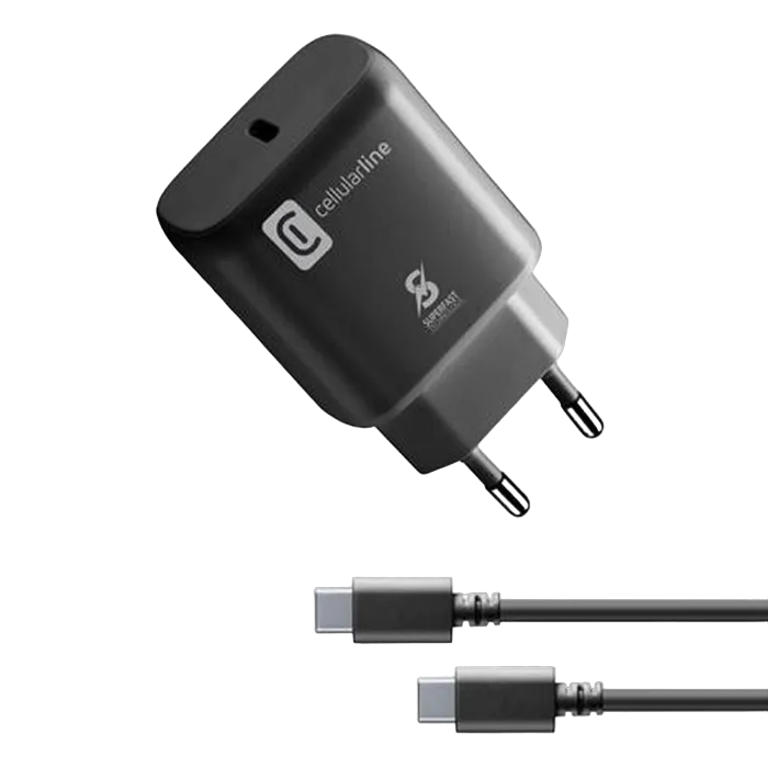 Wall Charger Cellularline, + Type-C-C to Type-C, 25W, Black