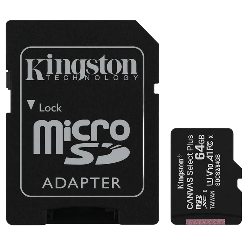 .64GB MicroSD (Class 10) UHS-I (U1) +SD adapter, Kingston Canvas Select+ "SDCS2/64GB" (R:100MB/s)