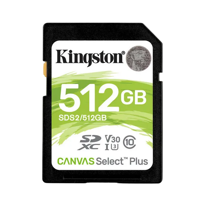 .512GB  SDXC Card (Class 10) UHS-I , U3, Kingston Canvas Select Plus "SDS2/512GB" (R/W:100/85MB/s)