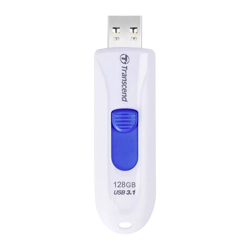 128GB  USB3.1 Flash Drive Transcend "JetFlash  790", White-Blue, Slider (R/W:90/40MB/s)