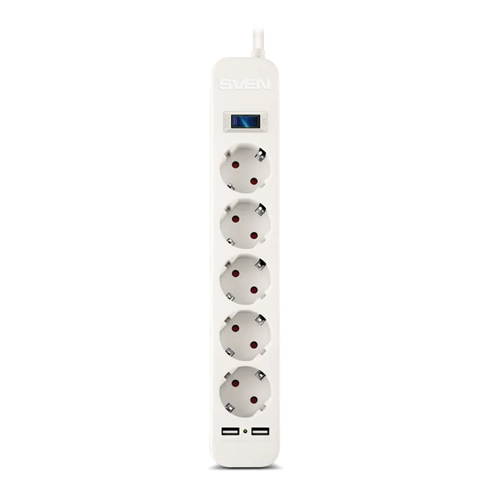 Surge Protector 5 Sockets,  3.0m, Sven "SF-05LU", 2 USB ports charging (2.4A), White
