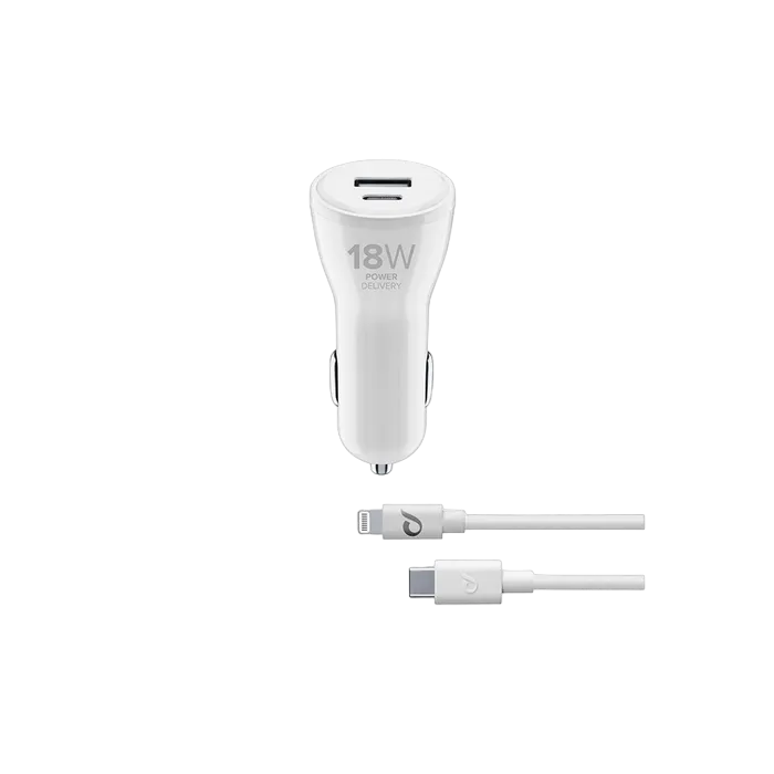 Car Charger Cellular,Dual Kit 18W+12W + Type-C-C to Lightning Cable, White