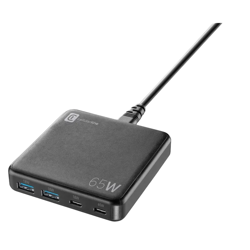 Wall Charger GAN Cellularline, 4 Ports, QC + PD, 65W, Black