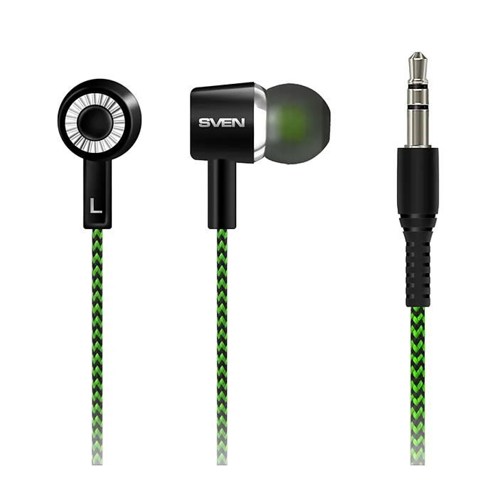 Earphones SVEN E-107  Black/Green, 3pin 3.5mm mini-jack