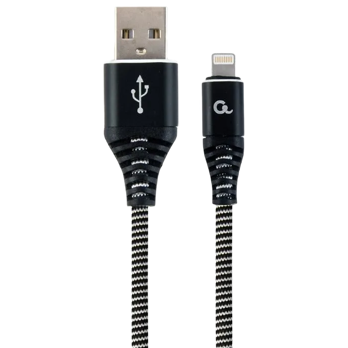 Blister Lightning 8-pin/USB2.0,  1.0m Cablexpert Cotton Braided Black/Wnite, CC-USB2B-AMLM-1M-BW