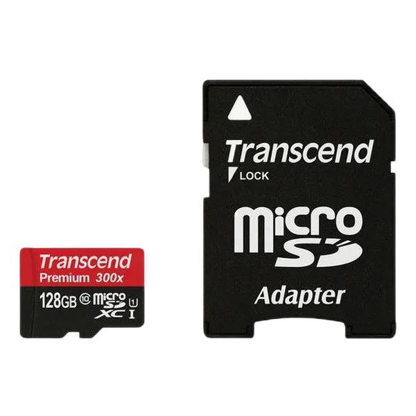 128GB MicroSD (Class 10) UHS-I (U1) +SD adapter, Transcend "TS128GUSDU1" (R/W:95/45MB/s)