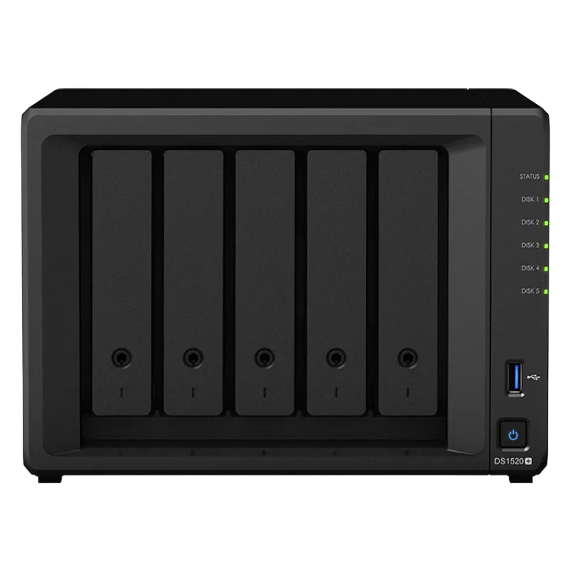 SYNOLOGY "DS1520+", 5-bay, Intel Celeron 4-core 2-2.7Ghz, 4Gb+4Gb*1, 4x1GbE, 2xM.2 NVMe