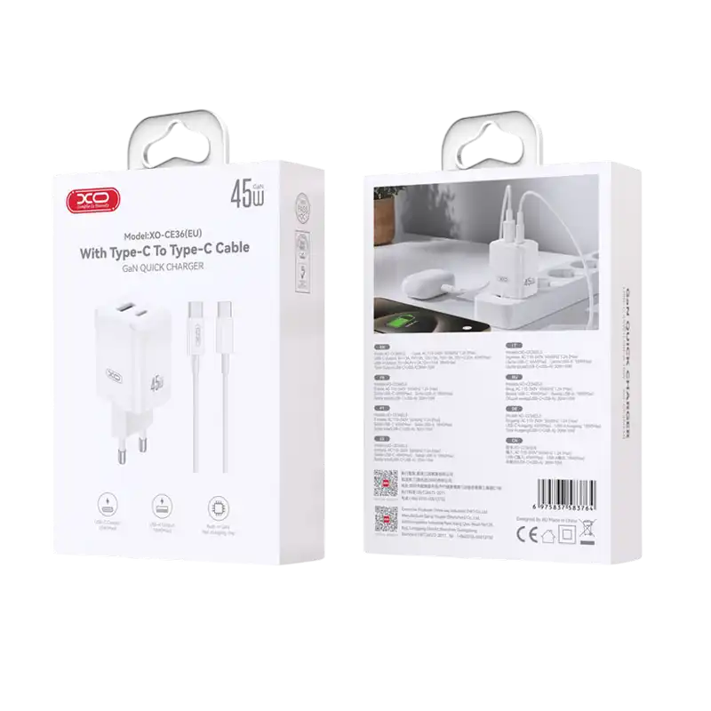 Зарядное устройство XO 1Type-C + 1USB Белый