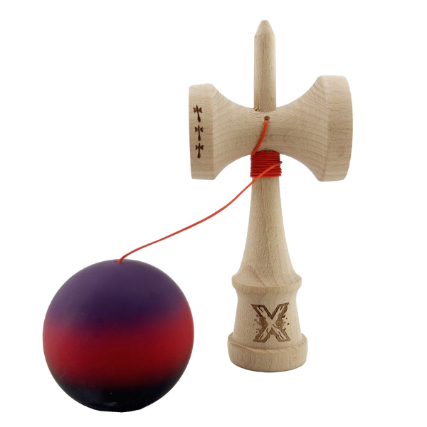"Kendama X Original", Profesionala, Flippy, Rulment Metalic, Ața 55 cm, Cupe Mari, 7 х 6 х 18 cm, gradient mov-roșu