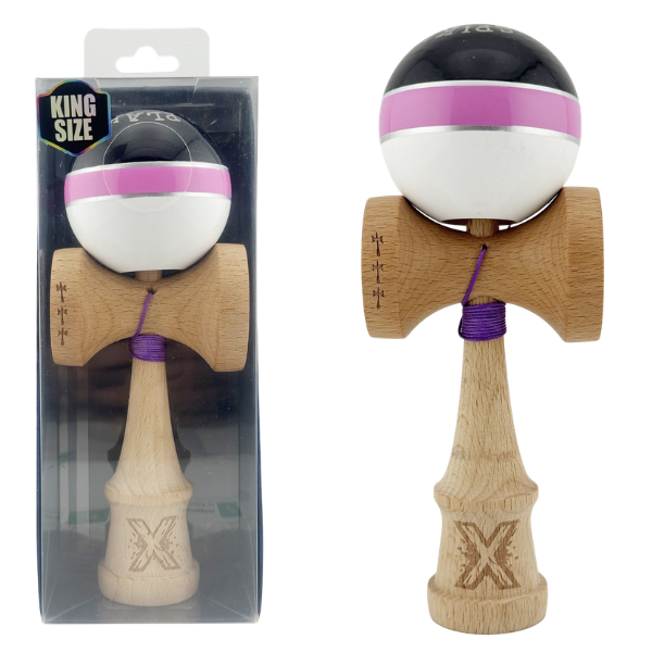 «Kendama Royal Spike X Original», profesională, rulment metalic, ața 55 cm, ultra aderent, 7 x 6 x 18 cm, negru-roz-alb
