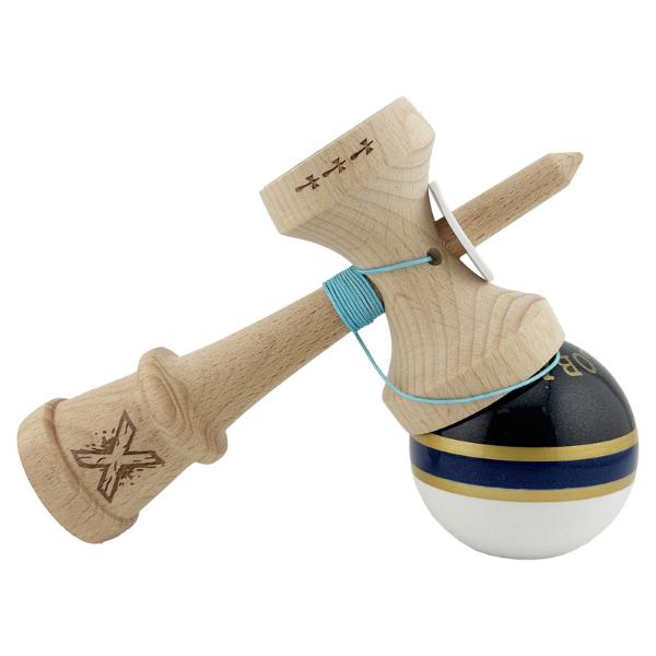 «Kendama Royal Spike X Original», profesională, rulment metalic, ața 62/65 cm, ultra aderent, King Size 7.5 x 6 x 18 cm, inel albastru inchis
