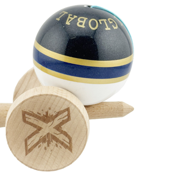 «Kendama Royal Spike X Original», profesională, rulment metalic, ața 62/65 cm, ultra aderent, King Size 7.5 x 6 x 18 cm, inel albastru inchis