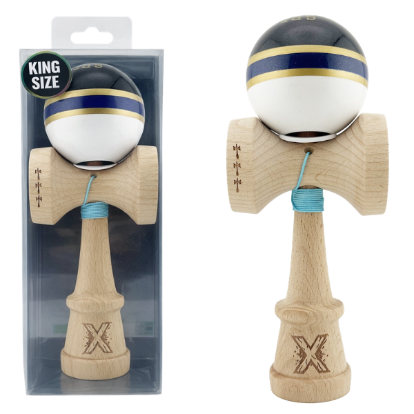 «Kendama Royal Spike X Original», profesională, rulment metalic, ața 62/65 cm, ultra aderent, King Size 7.5 x 6 x 18 cm, inel albastru inchis